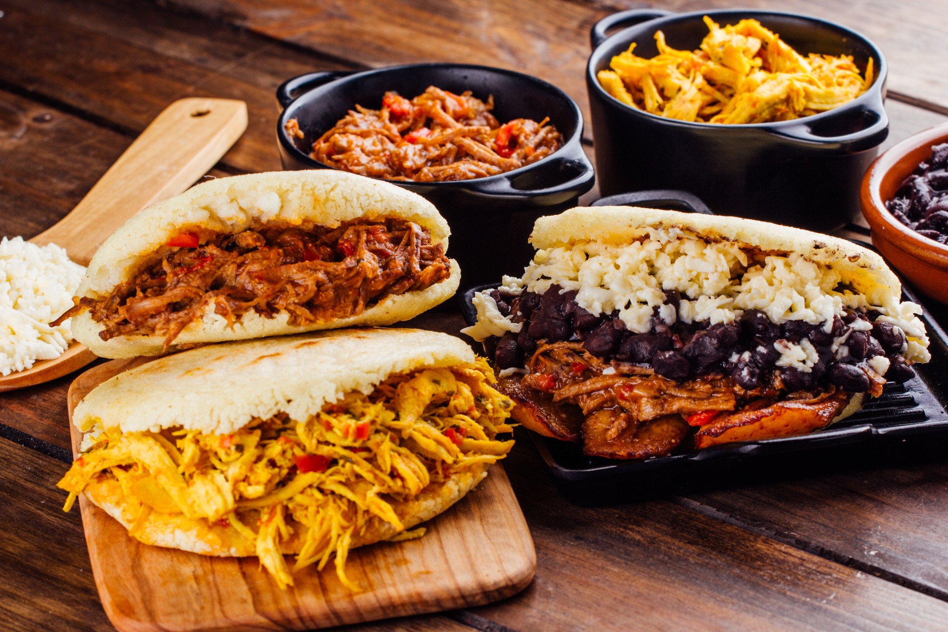 Latin American breakfast, Arepas with several ingredients.